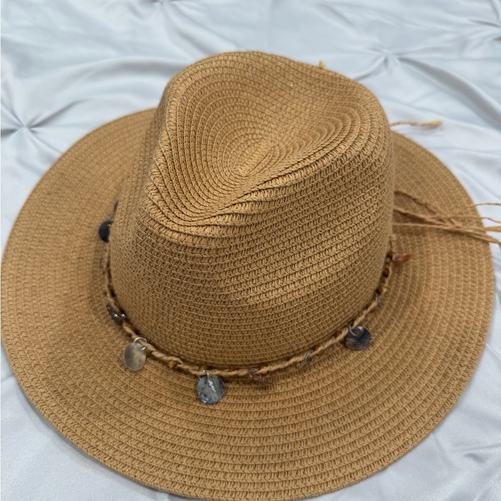 Stylish Tan Straw Hat with Beaded Band